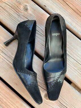 Vintage 90s Impo Pointy Toe Pumps 7 Black Suede Leather Heels Shoe Boho Chic Y2K